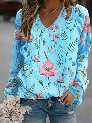 Floral Casual V-neck Sweatshirt - Just Fashion Now - Modalova