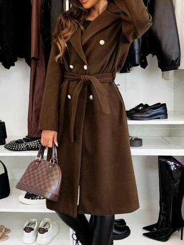 Lapel Collar Plain Buckle Casual Coat With Belt - Just Fashion Now - Modalova