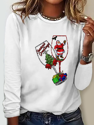 Crew Neck Casual Christmas Wine Glass Loose T-Shirt - Just Fashion Now - Modalova