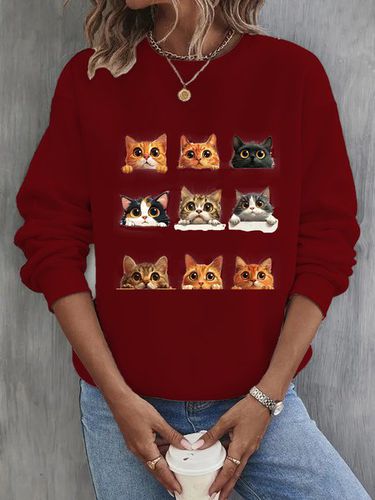 Casual Cat Crew Neck Sweatshirt - Just Fashion Now - Modalova