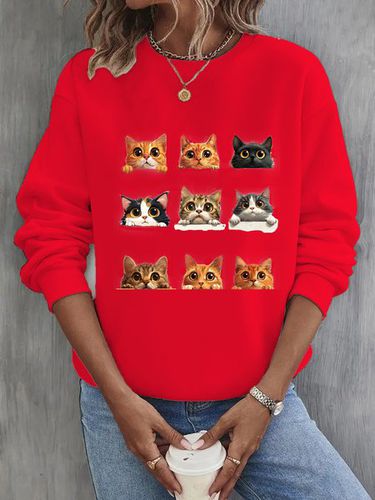 Casual Cat Crew Neck Sweatshirt - Just Fashion Now - Modalova