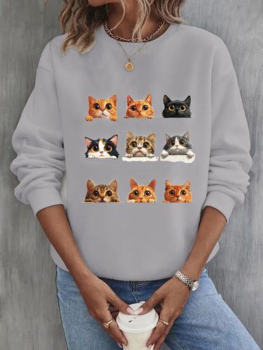 Casual Cat Crew Neck Sweatshirt - Just Fashion Now - Modalova