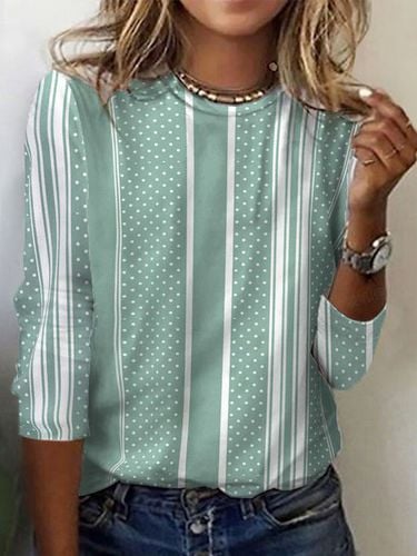 Striped Polka Dot Print Crew Neck Long-Sleeves T-shirt - Just Fashion Now - Modalova