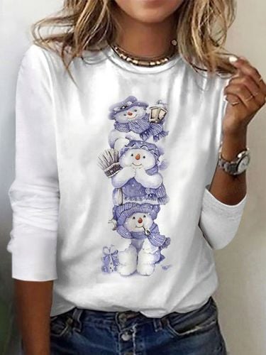 Christmas Snowman Print Crew Neck T-shirt - Just Fashion Now - Modalova