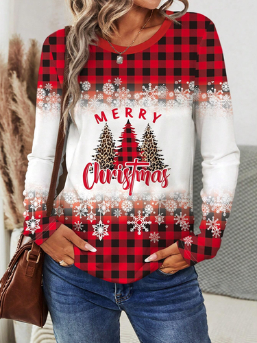 Plaid Christmas Print Round Neck Long Sleeve T-Shirt - Just Fashion Now - Modalova