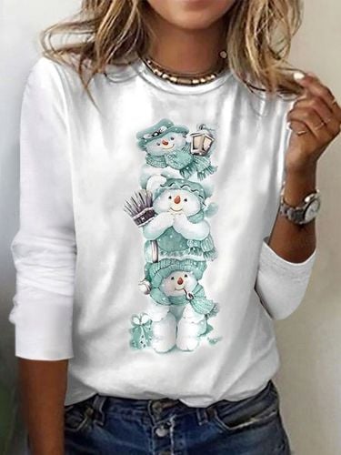 Christmas Snowman Print Crew Neck T-shirt - Just Fashion Now - Modalova