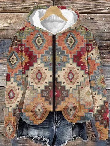 Zipper Loose Ethnic Casual Hoodie Jacket - Just Fashion Now - Modalova