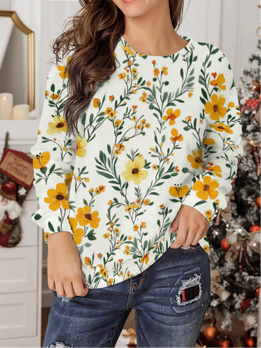 Casual Crew Neck Floral Loose Sweatshirt - Just Fashion Now - Modalova