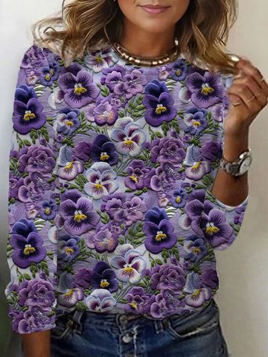 Floral Print Long Sleeve Crew Neck T-shirt - Just Fashion Now - Modalova