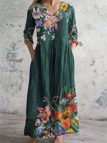 Floral Print Long Sleeve V-neck Dress - Just Fashion Now - Modalova