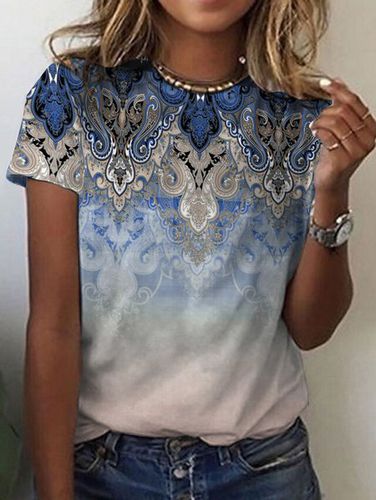 Ethnic Print Short-Sleeved Crew Neck T-shirt - Just Fashion Now - Modalova