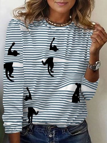 Striped Cat Print Long Sleeve Crew Neck T-shirt - Just Fashion Now - Modalova