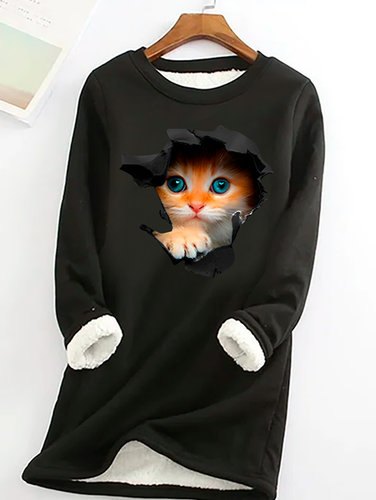 Cute Cat Casual Fluff Fleece Fabric Sweatshirt - Just Fashion Now - Modalova