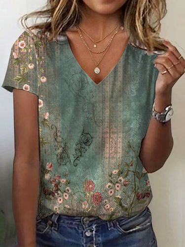 Floral Print Short Sleeve V-neck T-Shirt - Just Fashion Now - Modalova