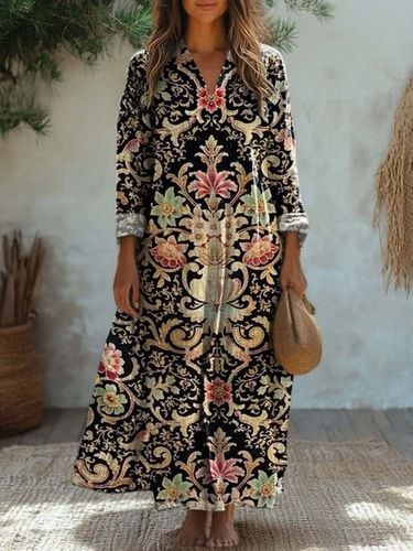 Ethnic Print Long Sleeve V-neck Dress - Just Fashion Now - Modalova