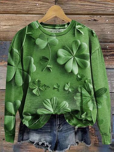 Four Leaf Clover Print Long Sleeve Crew Neck Sweatshirt - Just Fashion Now - Modalova