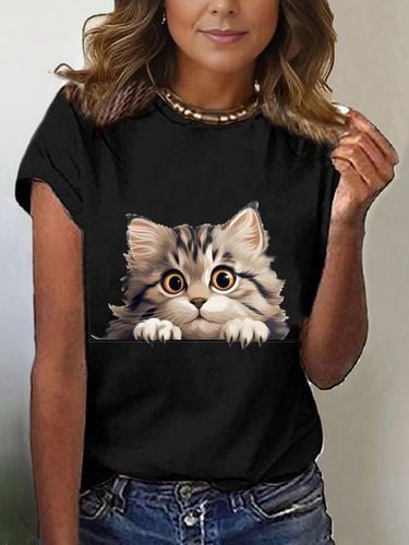 Women's Short Sleeve T-shirt Summer Black Cat Cotton-Blend Crew Neck Daily Going Out Casual Top - Just Fashion Now - Modalova