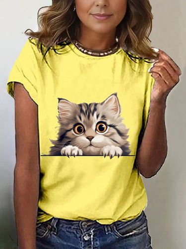 Women's Short Sleeve T-shirt Summer Black Cat Cotton-Blend Crew Neck Daily Going Out Casual Top - Just Fashion Now - Modalova