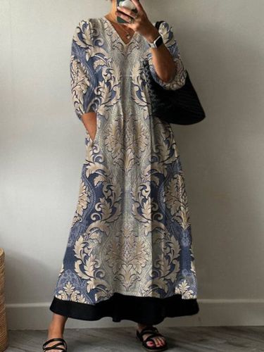 Ethnic Print Long Sleeve V-neck Dress - Just Fashion Now - Modalova