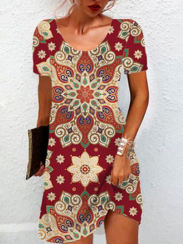 Ethnic Print Short Sleeve Crew Neck Dress - Just Fashion Now - Modalova