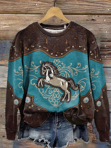 Horse Print Long Sleeve Crew Neck Sweatshirt - Just Fashion Now - Modalova