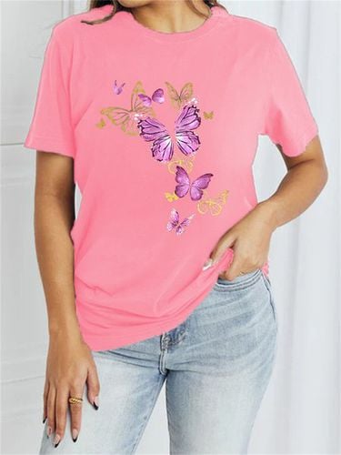 Women's Short Sleeve T-shirt Summer Black Butterfly Cotton-Blend Crew Neck Daily Going Out Casual Top - Just Fashion Now - Modalova