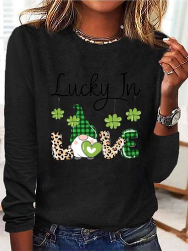 Four Leaf Clover Print Long Sleeve Crew Neck T-shirt - Just Fashion Now - Modalova