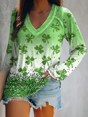 Women's Shamrock St. Patrick's Day Casual Printed Long Sleeve V-Neck Top - Just Fashion Now - Modalova