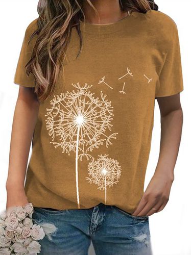 Dandelion Print Cotton-Blend Short Sleeve Casual T-Shirt - Modetalente - Modalova