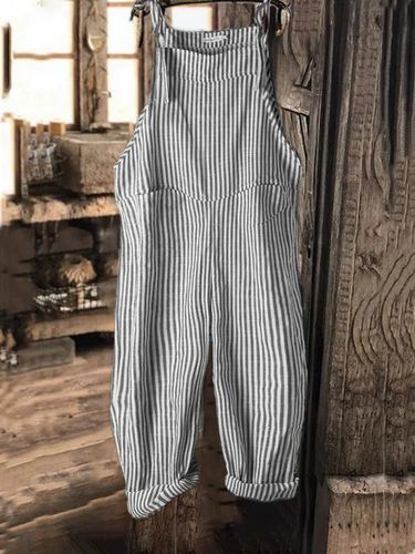 Vintage Black Gray Linen Stripes Pants Romper Jumpsuits - Just Fashion Now - Modalova