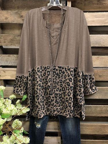 Color Block Leopard V-Neck Long Sleeves Casual Blouses - Just Fashion Now - Modalova