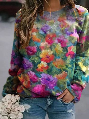 Crew Neck Floral Printed Casual Sweatshirt - Just Fashion Now UK - Modalova