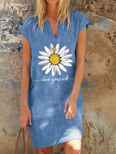 Short Sleeve Denim Floral-Print Floral Weaving Dress - Modetalente - Modalova