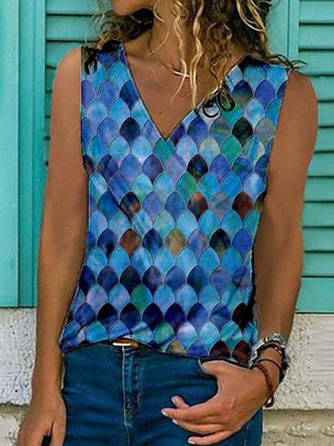 Paisley Sleeveless Printed Cotton-blend V neck Holiday Summer Blue Top - Modetalente - Modalova