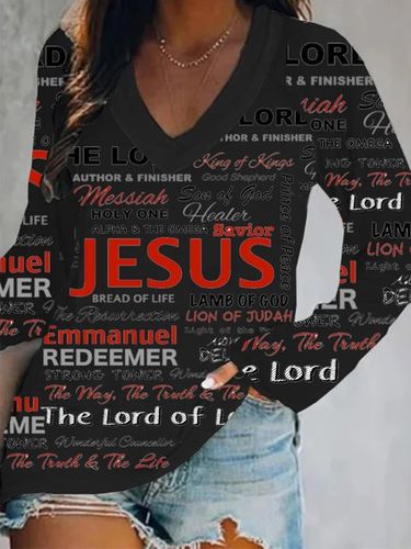 Casual Long Sleeve V Neck Printed Top T-Shirt - Modetalente - Modalova