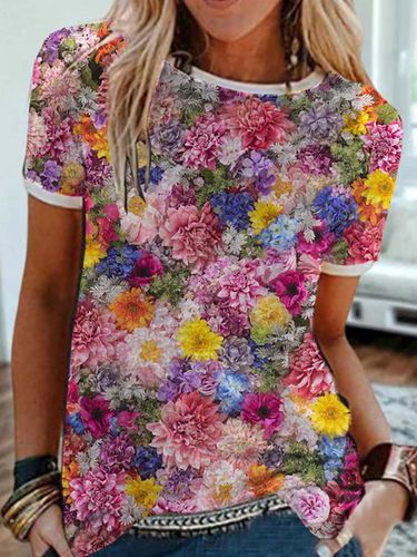 Floral Short Sleeve Printed Cotton-blend Crew Neck Casual Summer Pink Top - Modetalente - Modalova