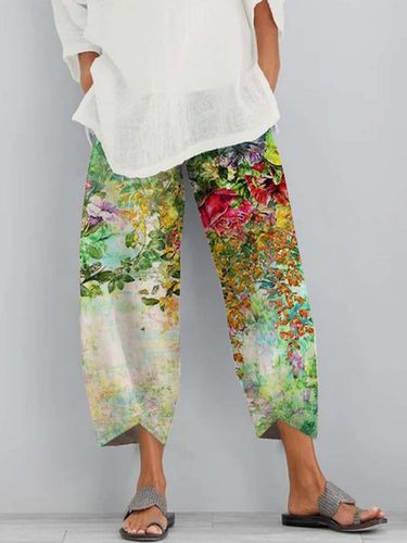 Floral Shift Printed Cotton-blend Casual All Season Yellow Pants - Modetalente - Modalova