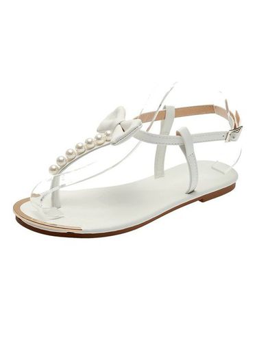 Ladies Pearl Bow Round Toe Thong Roman Shoes Lightweight Flat Sandals - Zolucky - Modalova
