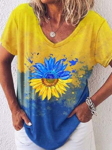 Sunflower Casual Ombre V Neck Short Sleeve T-Shirt - Just Fashion Now - Modalova