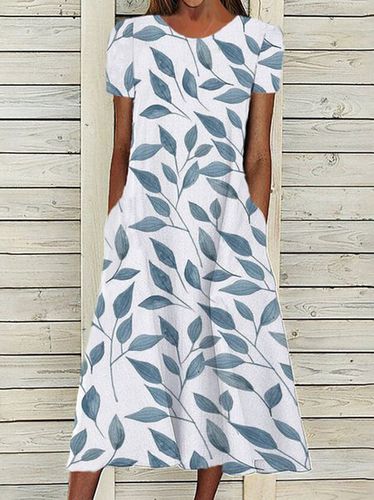 Leaves Printed Pockets Short Sleeve Woven Dress - Just Fashion Now - Modalova