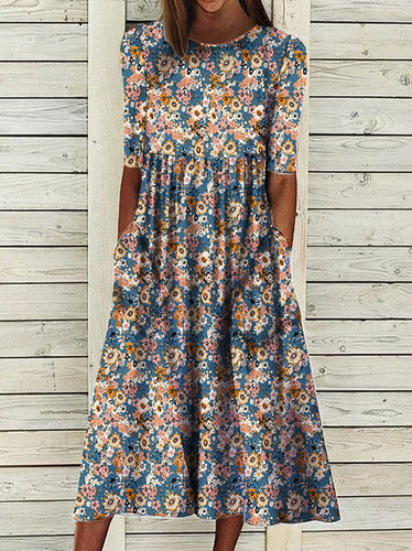 Loosen Casual Floral Short Sleeve Woven Dress - Just Fashion Now - Modalova