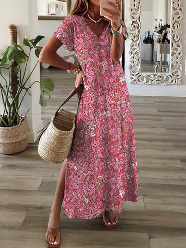 Casual Floral Short Sleeve V Neck Printed Dress - Modetalente - Modalova