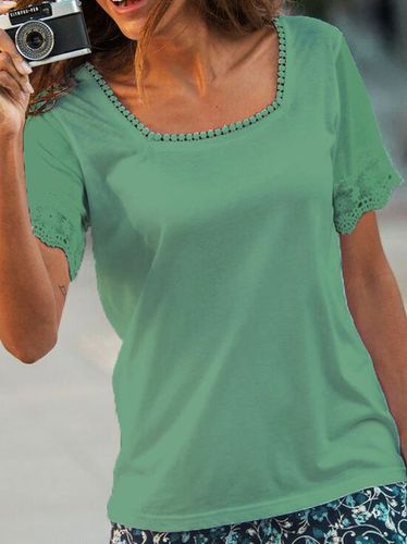 Lace Plain Casual Cotton Blends Short Sleeve T-Shirt - Just Fashion Now - Modalova