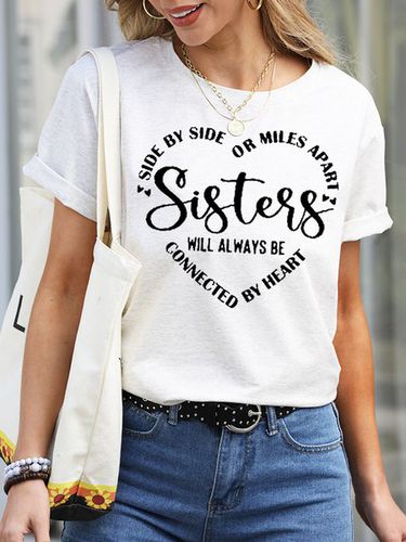 Womens Sisters Will Always Be Connected By Heart Letter Casual Short Sleeve T-Shirt - Modetalente - Modalova