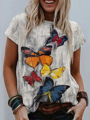 Casual Crew Neck Butterfly Loosen Short Sleeve T-Shirt - Modetalente - Modalova