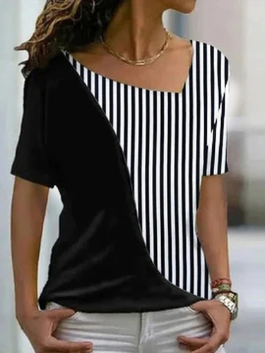 Cotton-Blend V Neck Striped T-Shirt - Just Fashion Now - Modalova