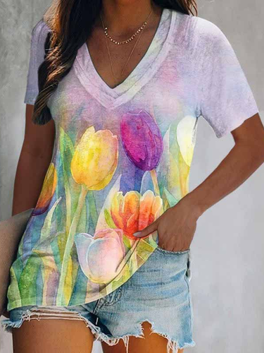 V neck Casual Floral T-Shirt - Modetalente - Modalova
