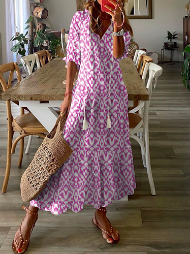 Casual V Neck Geometric Printed Dress - Just Fashion Now - Modalova