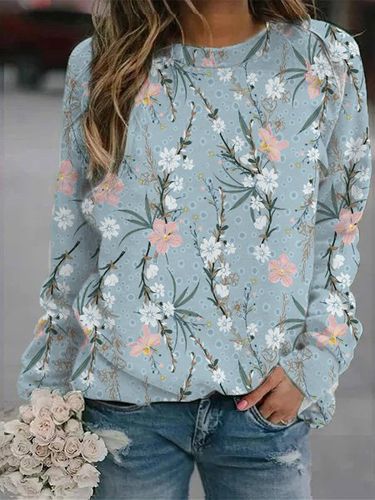 Floral Cotton Loose Raglan Sleeve Sweatshirt - Just Fashion Now - Modalova