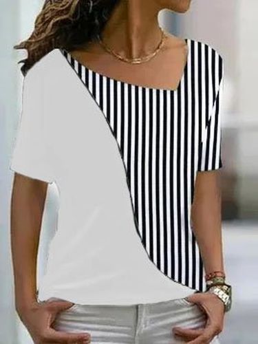 Cotton-Blend V Neck Striped T-Shirt - Just Fashion Now - Modalova